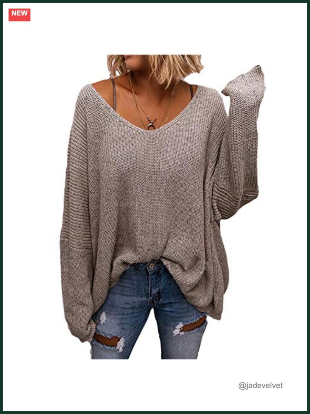 Waffle Knit V-Neck Oversized Pullover Sweater Long Sleeve Loose Fit